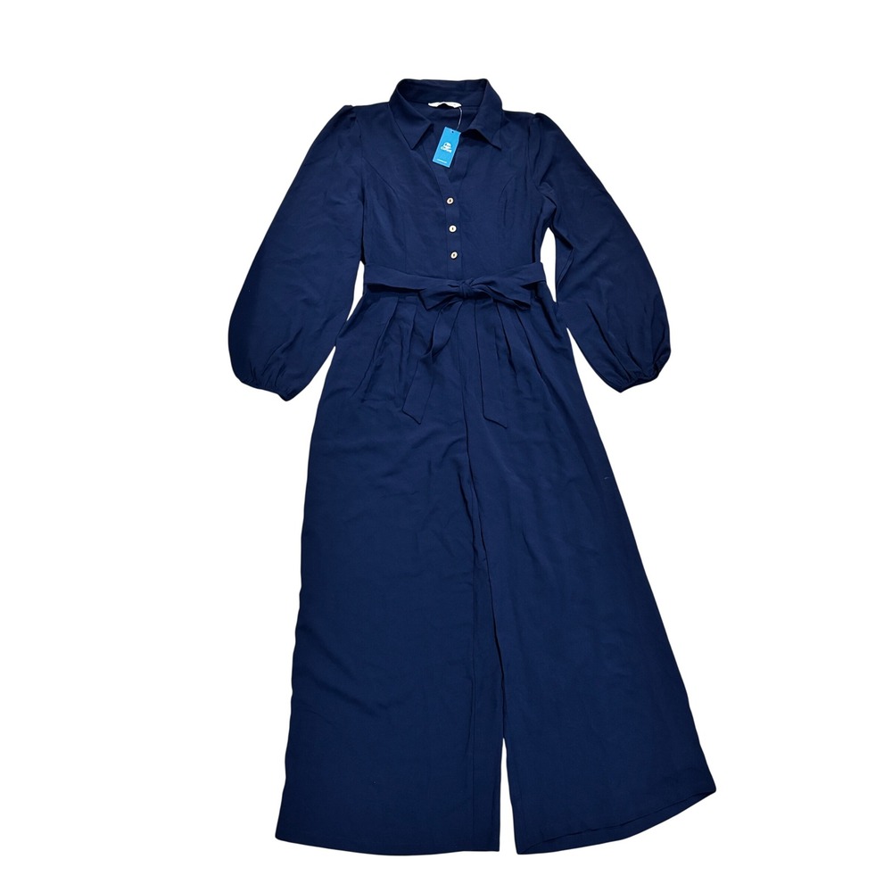 Cupshe Jumpsuit Women Large Navy Blue NEW Wide Leg Long Puff Sleeve Button Up